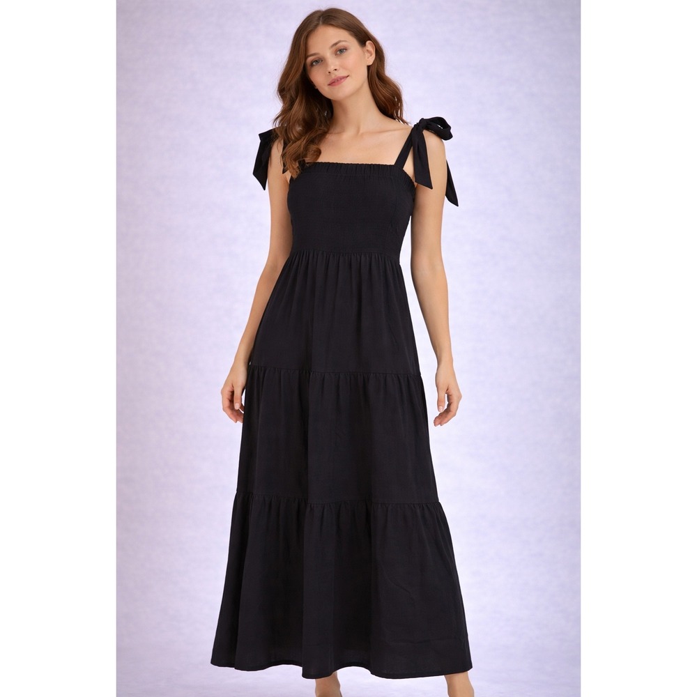 Show Me Your Mumu Black Tiered Maxi Dress Tie Shoulder Smocked Bodice Medium